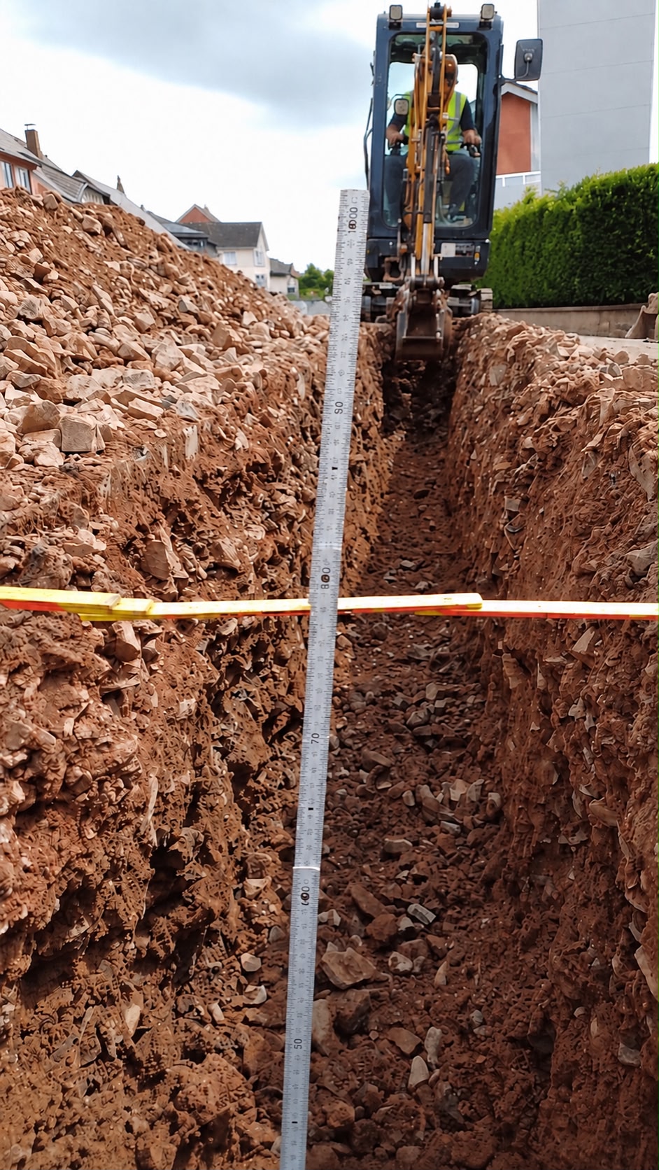 Zanja abierta con miniexcavadora y regla de medición de profundidad durante la obra civil.